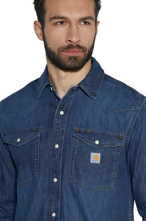 Carhartt - Mens Montana Relaxed Fit Midweight Denim Long-Sleeve Snap Front Shirt