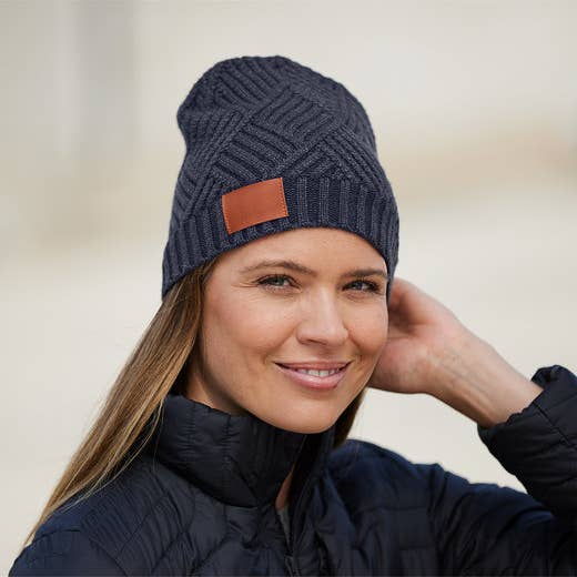 Custom Trellis Knit Beanie with faux leather debossed patch