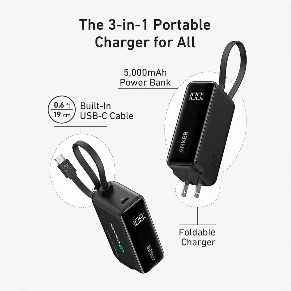 ANKER - 3-in-1 Power Bank (30W, Fusion, Built-In USB-C Cable)